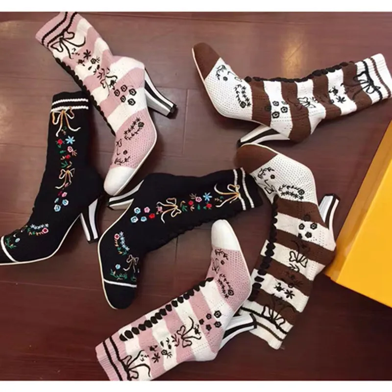 

2018 Autumn Winter Hot boots in High Heels Mid Calf Knee Wide Leg Comfortable Stretch Fabric gingham Boots