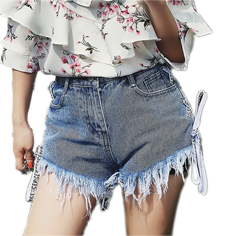 Sexy side lace up tassel denim shorts Women hollow out