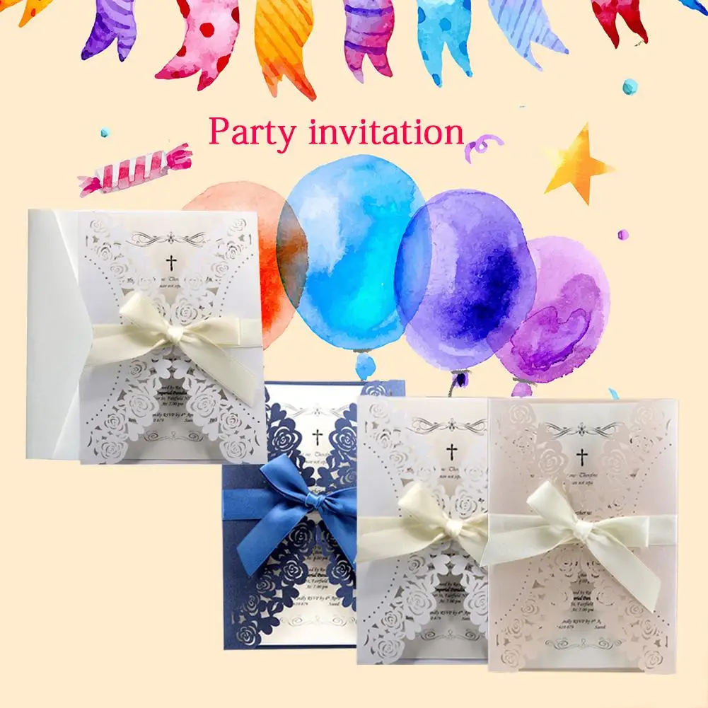  10PCS/ Set European Style Elegant Invitation Cards Rose Greeting Bowknot Hollow Print Envelopes Wed - 33031223318
