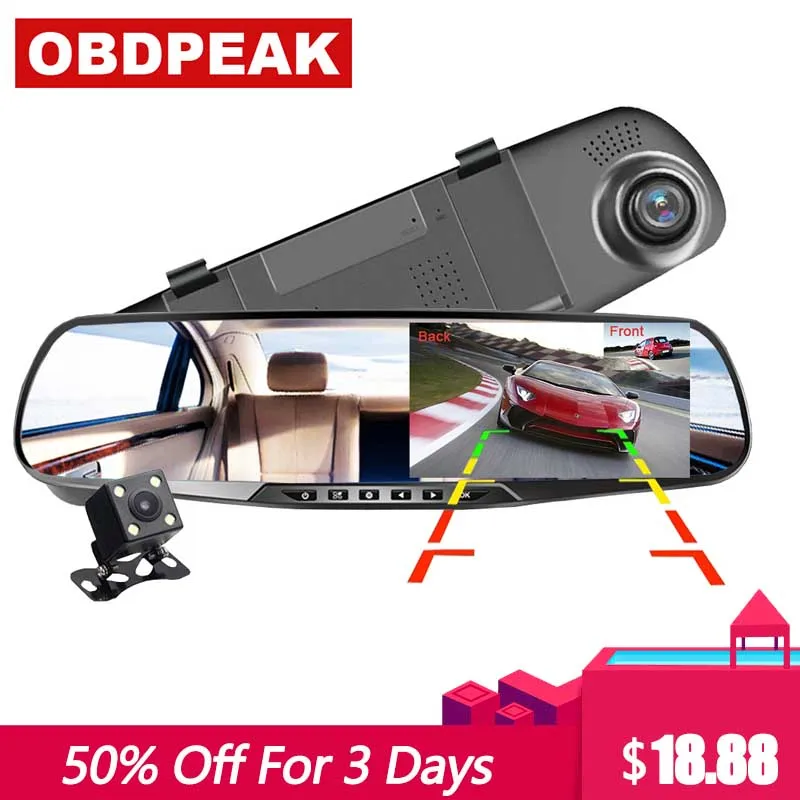 Car Dvr Dash Camera Safer White Rearview Mirror HD 1080P Dual Lens with Car Rear View Camera Night Vision Car Video Recorder