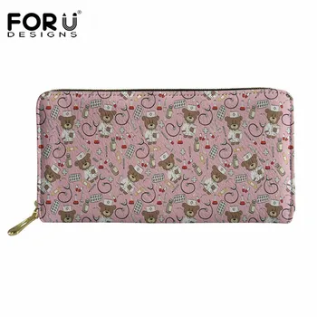 

FORUDESIGNS Cute Nurse Bear Printing Fashion Wallet Women Long Leather Purse Luxury Brand Zipper Coin Card Holder Clutch Bag