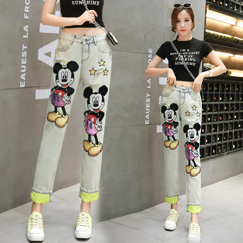 

2019 Jeans Women's High Waist Embroidery Mickey Cartoon Show Thin Loose Leisure Pants Tide