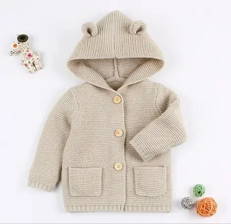 Детские свитера для мальчиков и девочек; кардиган для новорожденных рисунок медведя для мальчика уха куртка с капюшоном осенние детские Повседневное с длинными рукавами, трикотажная одежда - Цвет: Khaki 82W443