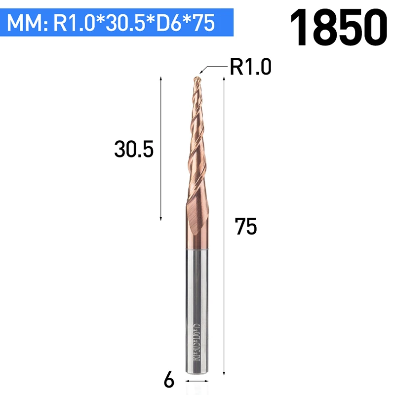 1 шт. HRC55 коническая шаровая Концевая фреза с вольфрамовым твердосплавным покрытием конус с ЧПУ фреза D4-D10mm гравировальный станок - Длина режущей кромки: 1850
