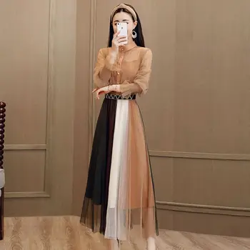 

2019 Spring Autumn Women See Through Mesh Strap Dress Female Patchwork Draped Casual Dresses Lady Slim Party Thin Vestido Z326