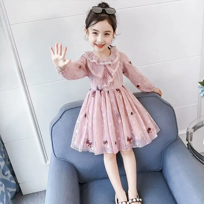 Сезон: весна–лето платье для девочки-подростка с отделкой: кружево вышитая юбка платье принцессы Детские платья для девочек для маленьких девочек, детская одежда Vestidos, T94