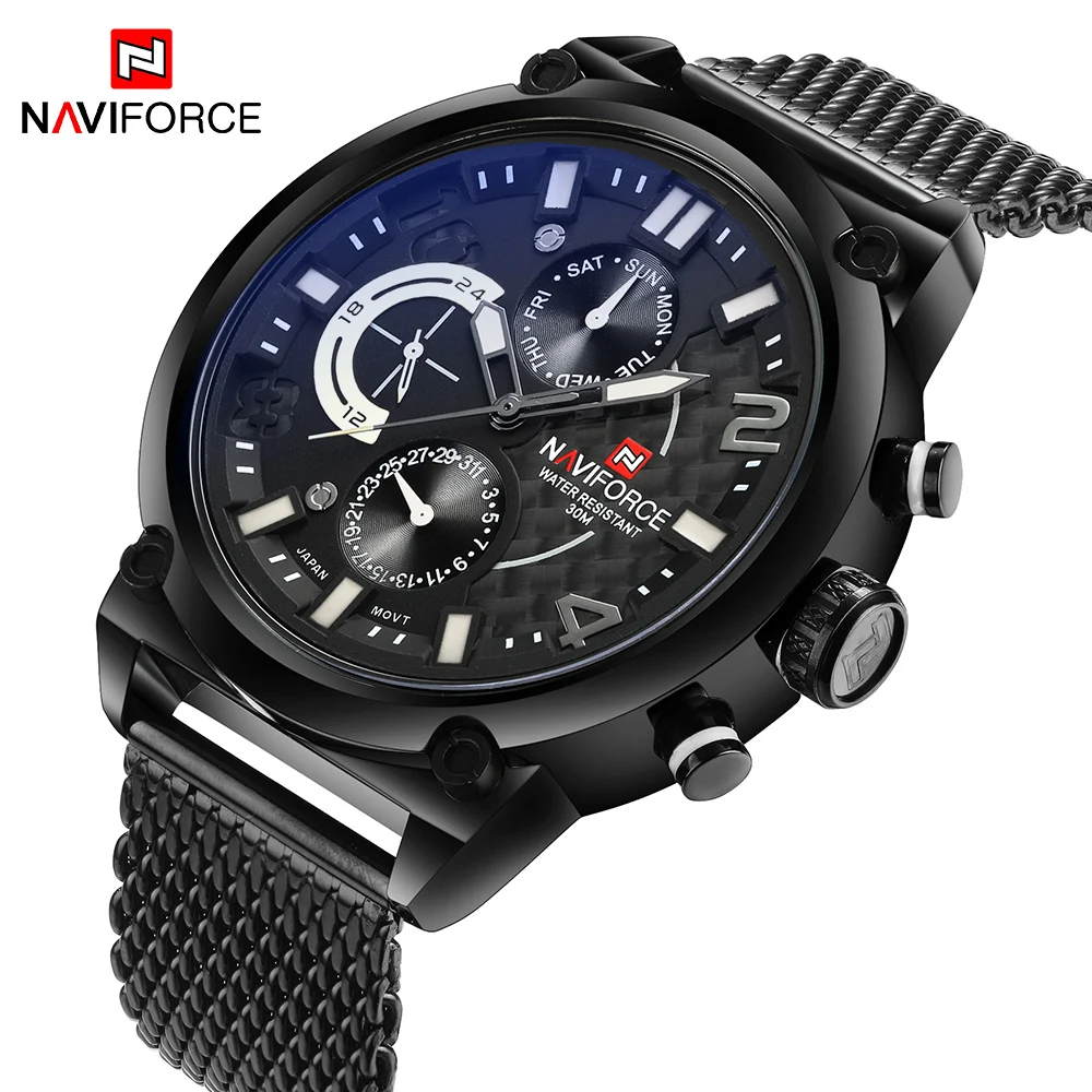 Naviforce Для мужчин Часы модные Нержавеющая сталь кварцевые наручные часы