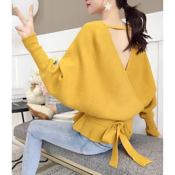 

GUUZYUVIZ Women Sweater 2019 Autumn Pullover Bandage Backless Oversized Knitted Sweaters Woman Winter Sweater Mujer