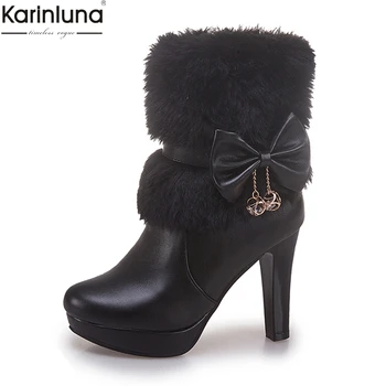 

Karinluna New Arrivals Dropship Large Size 32-43 winter warm plush ankle Boots Woman Shoes sweet bow lady Boots Female shoes
