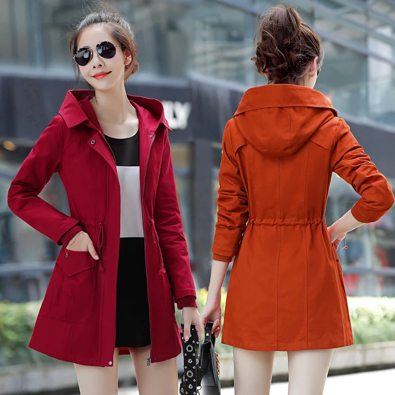 Tranchée À Printemps Femmes 2018 Green orange Casual Solide Poches La Automne Nouveau Survêtement 3xl Army red khaki Zipper Plus Manteau Taille Capuchon Coton Manches Longues M qA68rY5w8x