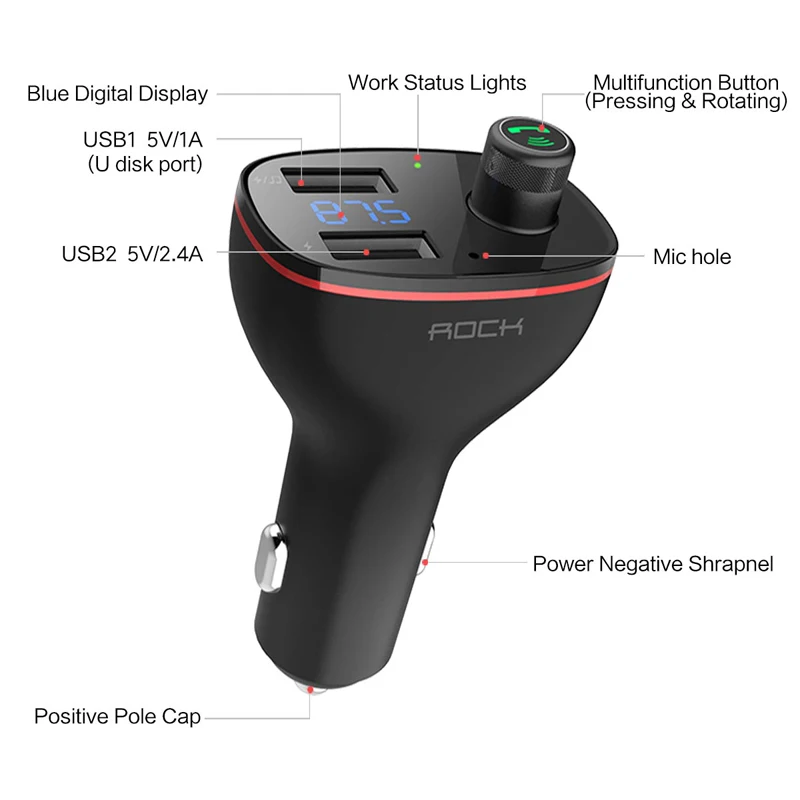 ROCK Dual USB Car Charger B300 Bluetooth 4.2 FM Transmitter Digital 3.4A Intelligent Distribution Current Fast Quick Charging