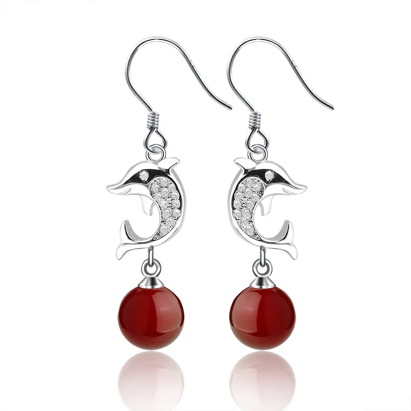 

LE SKY Silver Plated Natural Red Agates Beads Cute Dolphin Earrings woman's Fashion Earrings for Women Jewelry