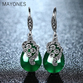 

MAYONES Real 925 Sterling Silver Drop Earrings For Women Vintage Flower Carving Black Green Agate Natural Gemstone Fine Jewelry