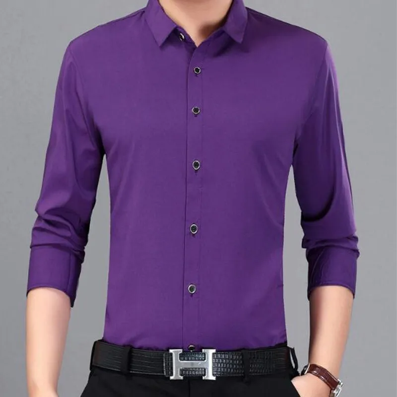 9-1          Men's Casual Long Sleeve Shirt Spring Slim Solid Color Joker Free Anti-Wrinkle Shirt