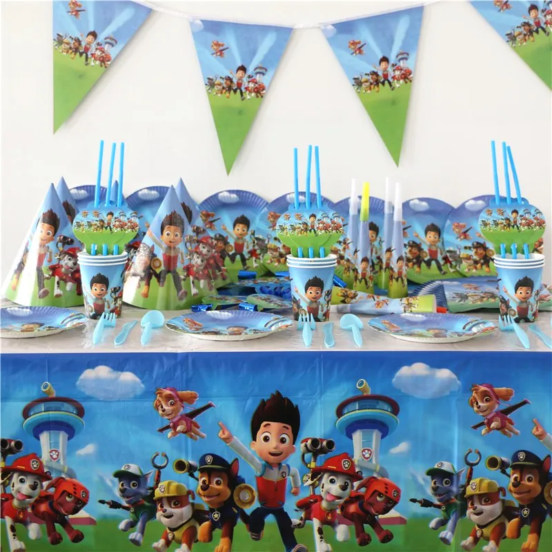 

Pawed Patrolling Theme Tableware Set Birthday Party Decoration Kids plate Cups hats Napkins Tablecloth Flag Straw Party Supplies