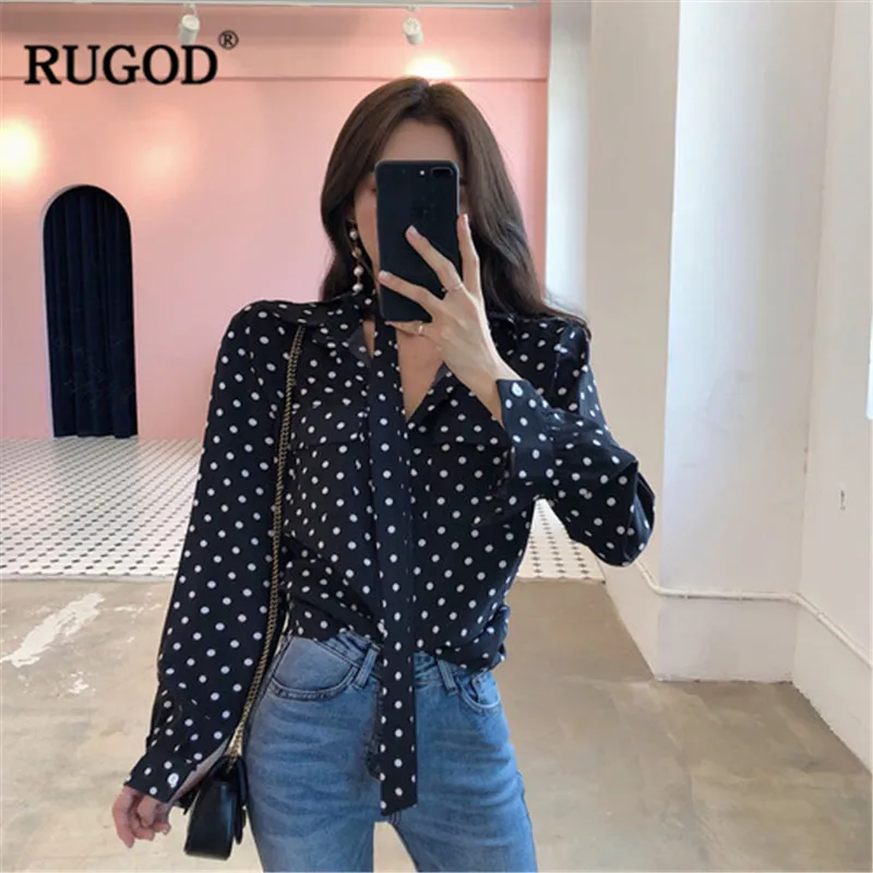 

RUGOD women long sleeve notched collar blouse 2019 summer fashion black elegant polka dot shirt with sashes Mujeres blusa