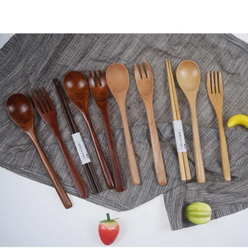 

Summer New Wood Handle Flatware Fork Spoon Chopsticks 20pcs(10 Sets) Korean Kitchen Accessories