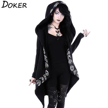 

Gothic Punk Black Long Women Hoodies Sweatshirts 2019 Autumn Moon Print Long Sleeve Hoodie Women Loose Coat Hooded Sweatshirt