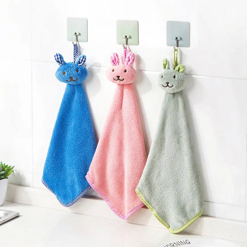 

4PCS Kitchen Dish Towels Bathroom Pendant Absorbent Hand Towels Microfiber Coral Cleaning Cloth Cute Rabbit Washrag For Kitchen