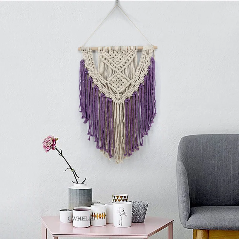 

Creative Macrame Wall Hanging Tapestry Handmade-woven Cotton Rope Weaving Tassel Bedroom Decoration Purple Color Christmas gift