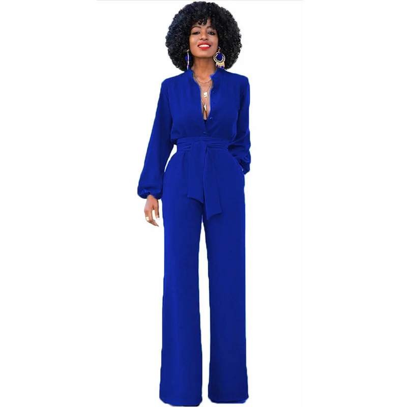 Runway Designer 2020 Autumn Winter Women Sexy Long Jumpsuit Overall Office Ladies Wide Leg Tunic Romper Wit Belt Pocket | Женская одежда