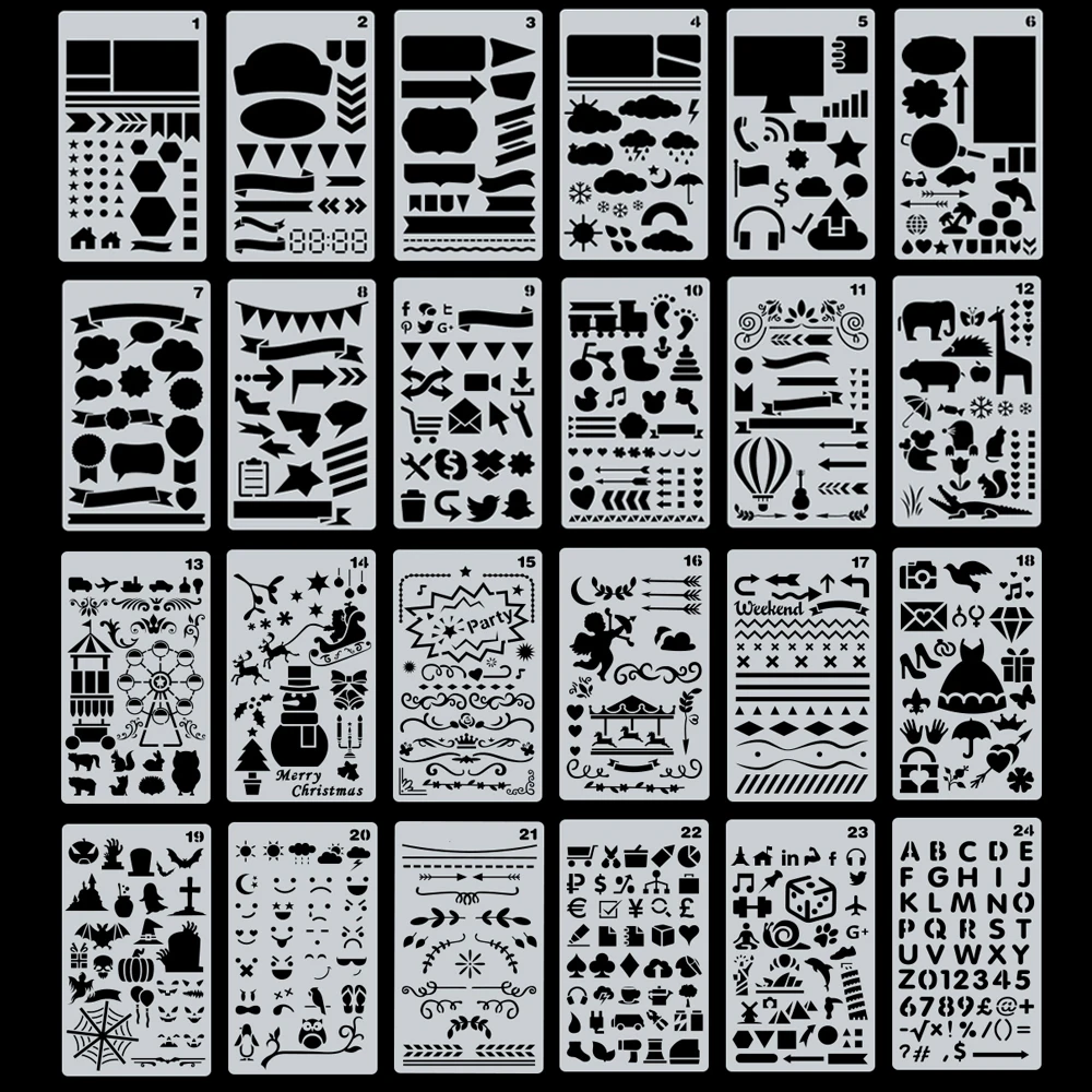 

24pcs/set Stencil Plastic Planner DIY Drawing Hollow Template for Diary Notebook Scrapbook Craft Cutting Dies