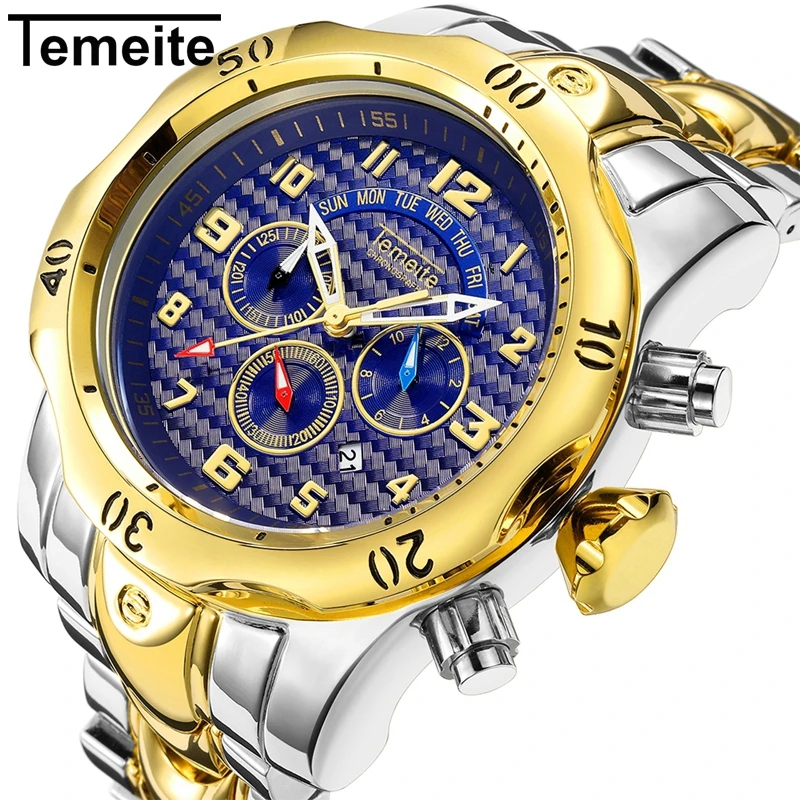 

Mens Watches Top Brand Luxury Gold Watch Men 6 Pointer Temeite Stainless Steel Quartz Wristwatch New Big Dial Reloj Hombre 2018
