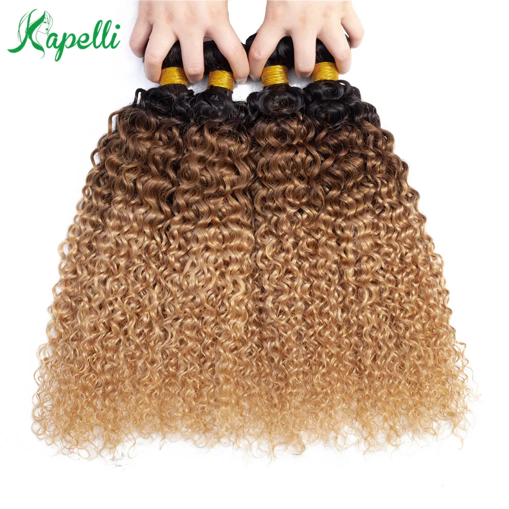 

Mongolian Kinky Curly Human Hair Bundles Ombre Hair Extension 1b/30/27 Dark Root Blonde Remy Human Hair Weave 3/4 Bundles