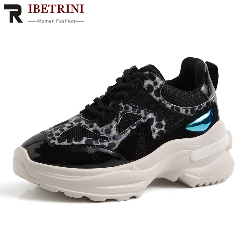 

RIBETRINI New Big Size 35-42 INS Hot Sneakers Lace Up Cow Leather Cow Suede Dad Shoes Flat Platform Shoes Woman Spring Flats
