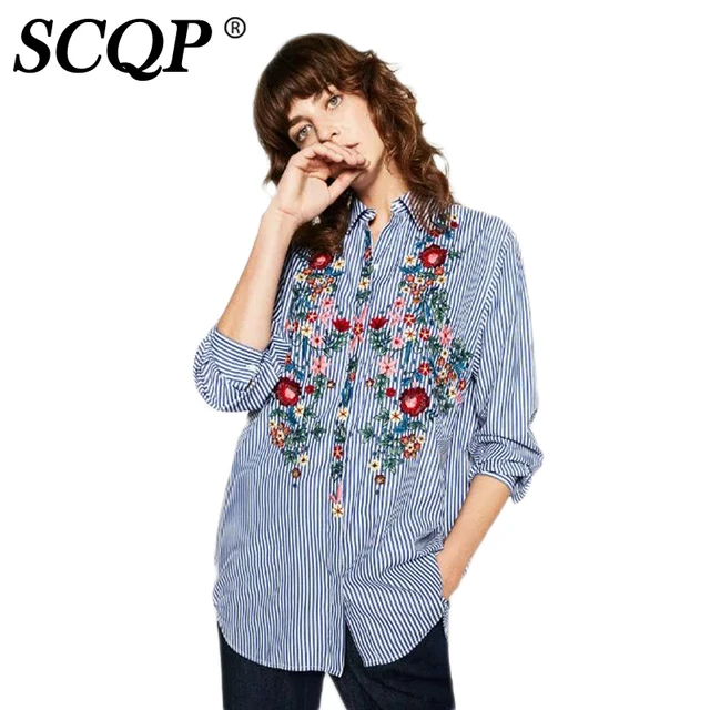 SCQP Blue Striped Floral Embroidery Ladies Blouses Summer