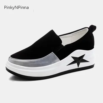 

fashion women sneakers 2019 new arrival genuine leather suede loafers platform hidden heels black and white shoes for jogging