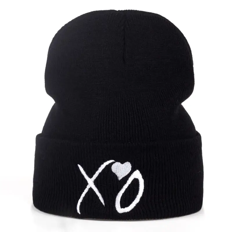 Новая мода Skullies Beanies кепки XO теплая шапка для леди и мужчин с принтом хип-хоп шапка осень зима теплые шапки для улицы и досуга вязаная шапка - Цвет: Черный