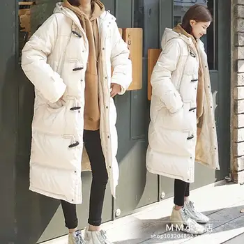 

Korean Long Fund Horn Buckle Cotton-padded Clothes Loose Coat Woman 2020 And Winter New Pattern Student Even Hat Bread