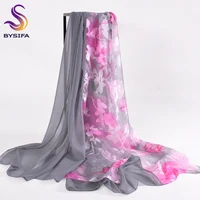 [BYSIFA] Grey Pink Silk Scarf Shawl Women Autumn Winter Chiffon Floral Long Scarves Summer Ladies Beach Cover-Ups Shawl 180*80cm