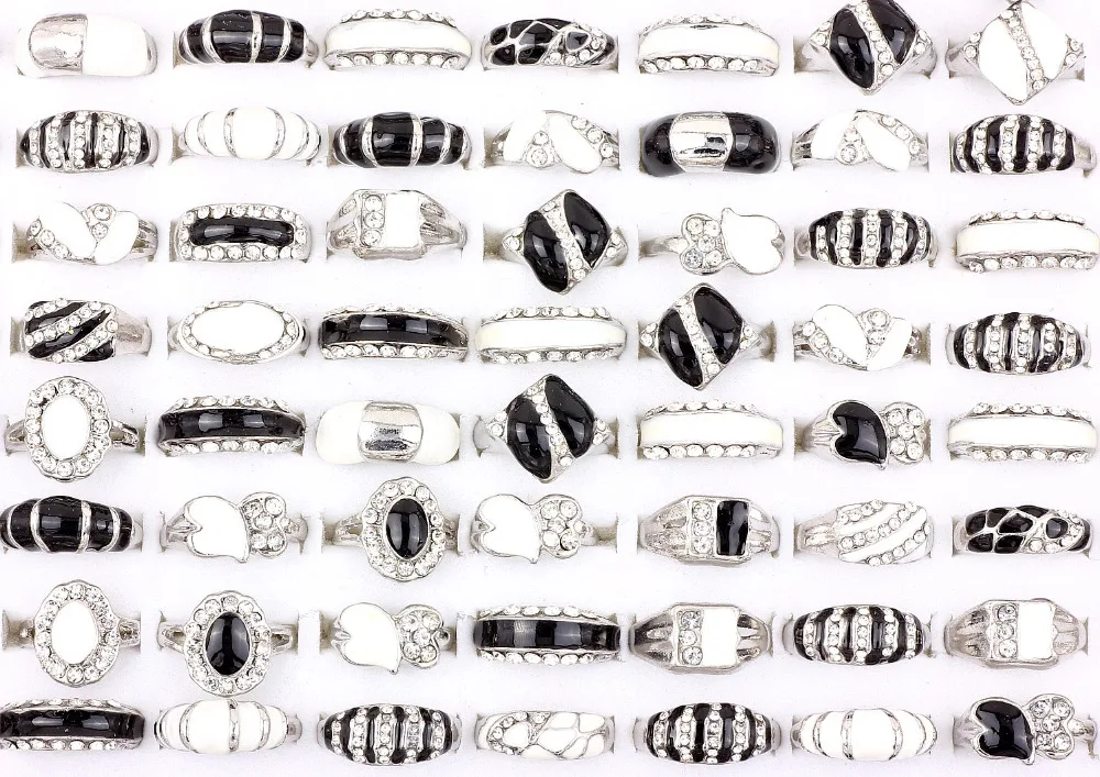 Phoebus Wholesale 50pcs Silver Mixed color Rhinestone Wedding Bands Ring for Womens Drip oil