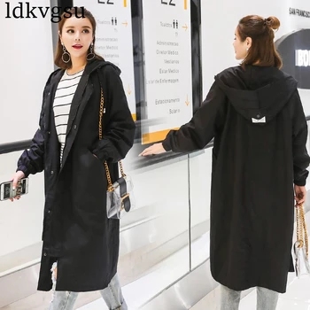 

2020 Spring Autumn New Large Size Women's Long Trench Coat Korean College Wind Loose BF Hooded Windbreaker Female Overcoats A462