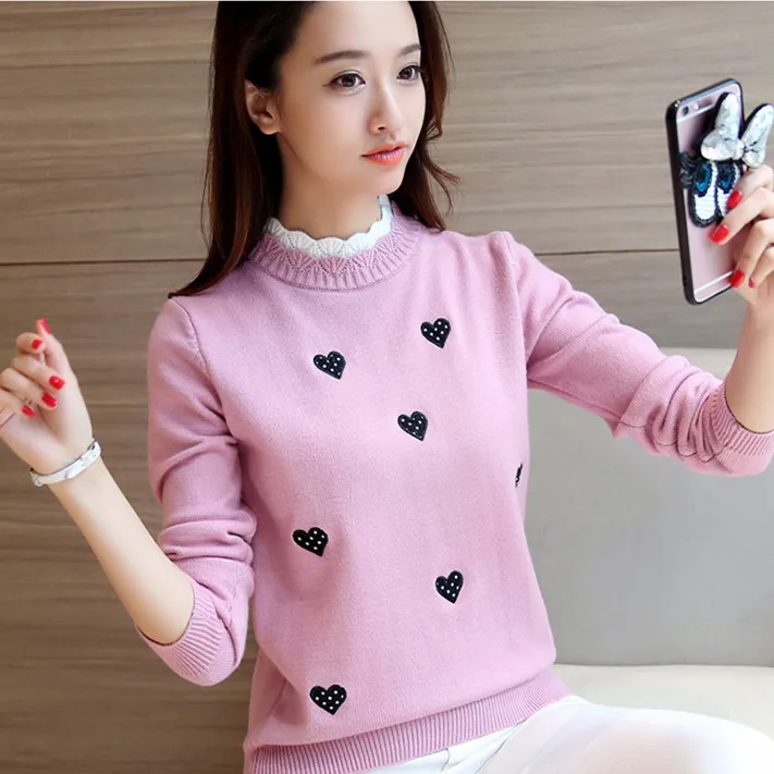 Корейский женский вязаный джемпер, Женский Элегантный Повседневный пуловер в горошек с сердечком и оборками, свитера, женские трико, топы