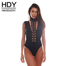 HDY Haoduoyi 2017 Autumn Women Fashion Solid Black Contrast Lace Halter High Leg Bodysuit Sleeveless Slim Sexy Casual Jumpsuit