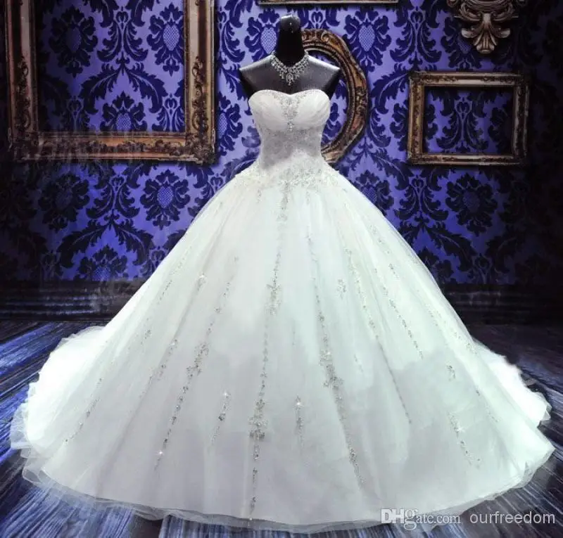 Real Image Bling 2015 Wedding Dresses With Sweetheart Beads Crystals A Line Court Train Tulle Luxury Bridal Gowns White Ivory Ne | Свадьбы и