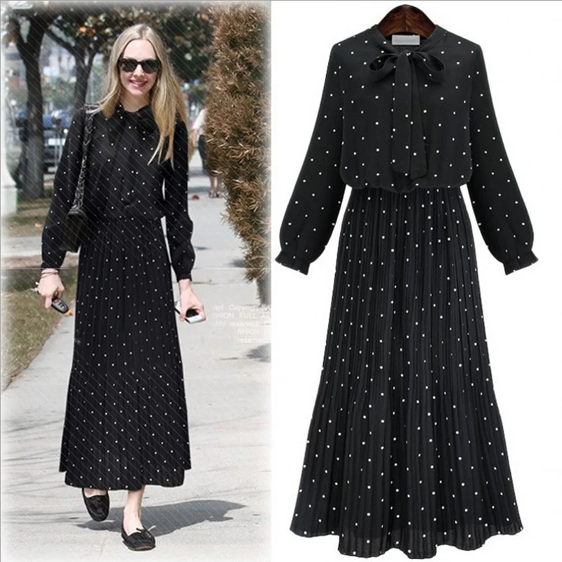

Spring Wave Point Long Sleeve Dress Women Fashion Bow Cotton Pleated Round Neck High Waist Solid Color Sweet Lady LeisureNZC-063
