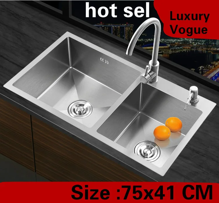 

Free shipping Home vogue wash vegetables 304 stainless steel kitchen manual sink double groove hot sell 75x41 CM