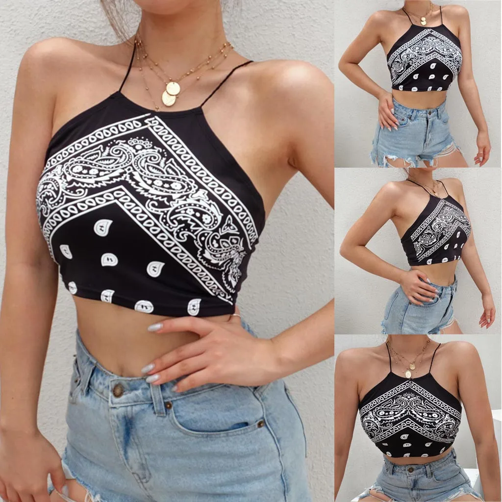 

Women's Print Slim Fit Top Sexy Halter Camisole female Tank Top Reflective Bralet Buckle Tube Top Vest Cami camiseta de tirantes