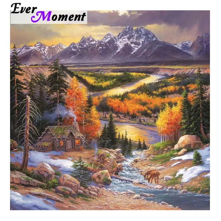 

Ever Moment Diamond Painting Mountain Tree River Village Mosaic Decoration For Home Full Square Drill Diamond Embroidery 3F564