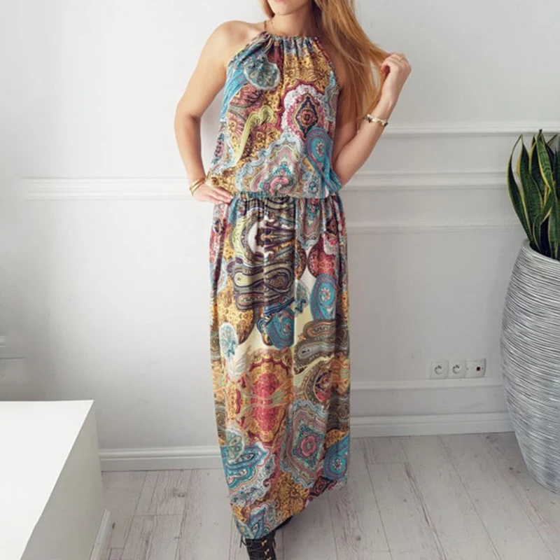 Vintage Floral Printed Boho Beach Dress Woman Casual Loose Halter Sexy Holiday Long Sundress Sleeveless Summer Dresses Vestido