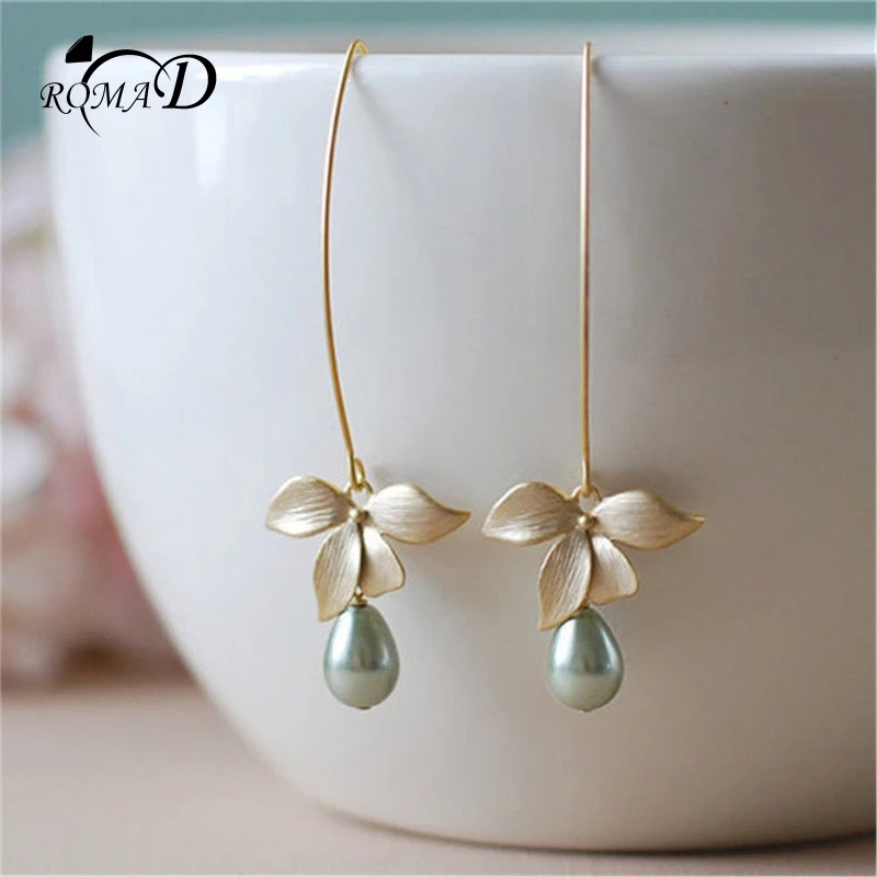 

ROMAD Simulate Pearl Drop Earrings for Women Fashion Earrings Gold Flower Earrings Orchid Women Long Earring Statement R4