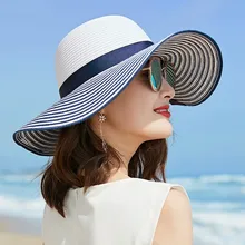 Горячая Распродажа, модная шляпа Хепберн, черная, белая полосатая летняя шляпа с бантом, красивая женская Соломенная пляжная шляпа с широкими полями