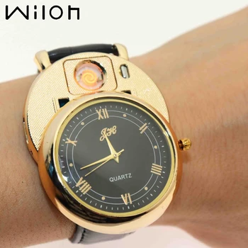 

Quartz watch Men USB charging leather Lighter Watches can be replace heating wire clock Flameless Cigarette Lighter JH358