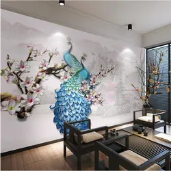Обои на заказ, Новый китайский стиль, вода, богатство, стерео рельефный синий павлин Магнолия, цветок, фоновая стена