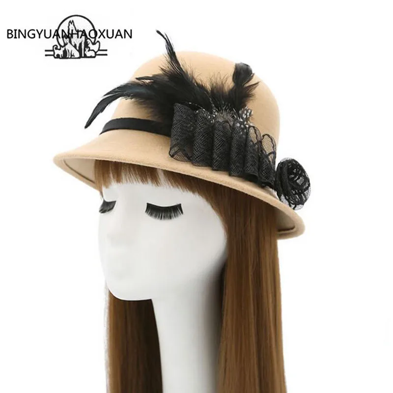 

BINGYUANHAOXUAN Elegant Women Fedora Hats Felt Wool With Belt Bowknot Imitation Wool Candy Caps Autumn Winter High Quality Hats