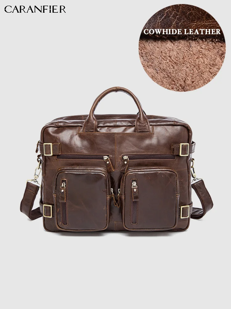 CARANFIER Мужские портфели из натуральной кожи, для документов, сумки для ноутбука, сумки через плечо, офисные деловые многофункциональные сумки - Цвет: Коричневый